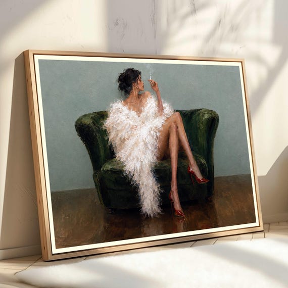 Glamorous Woman Wall Art Feather Boa Fashion Print Green Velvet Couch Smoking Lady Portrait Elegant Home Decor