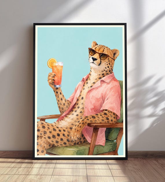 Cheetah Wearing Sunglasses Print Animal Cocktail Art Quirky Wall Decor Funny Bar Cart