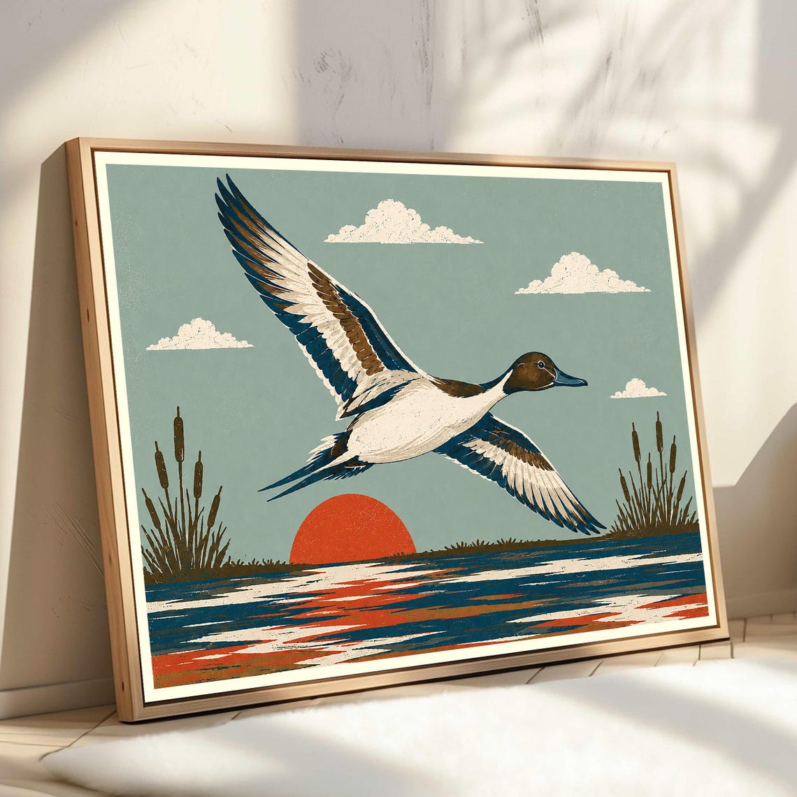 Wild Duck Flying Over Sunset Lake Vintage Wildlife Cabin Wall Art
