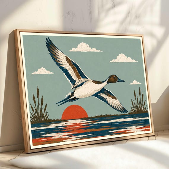 Flying Duck Art Print Sunset Landscape Painting Rustic Farmhouse Wall Waterfowl Decor