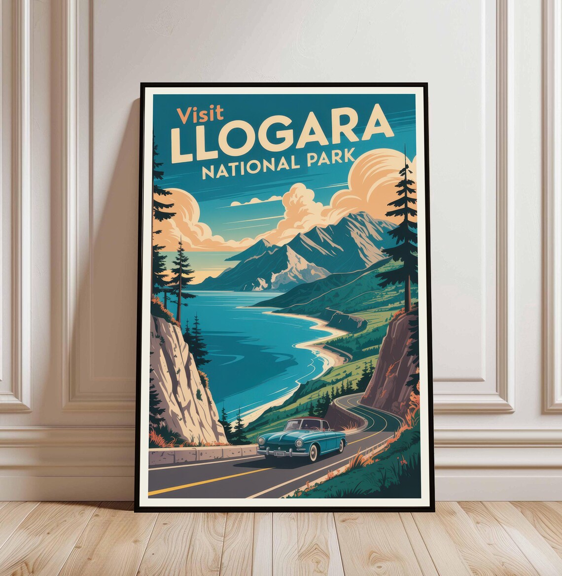 Visit Llogara National Park Vintage Travel Poster Coastal Road Car Art