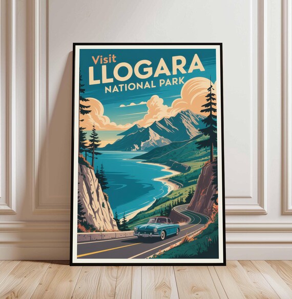 Visit Llogara National Park Vintage Travel Poster Coastal Road Car Art