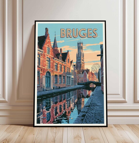 Bruges Belgium Travel Poster Canal Brick Houses Belfry Vintage Europe Decor