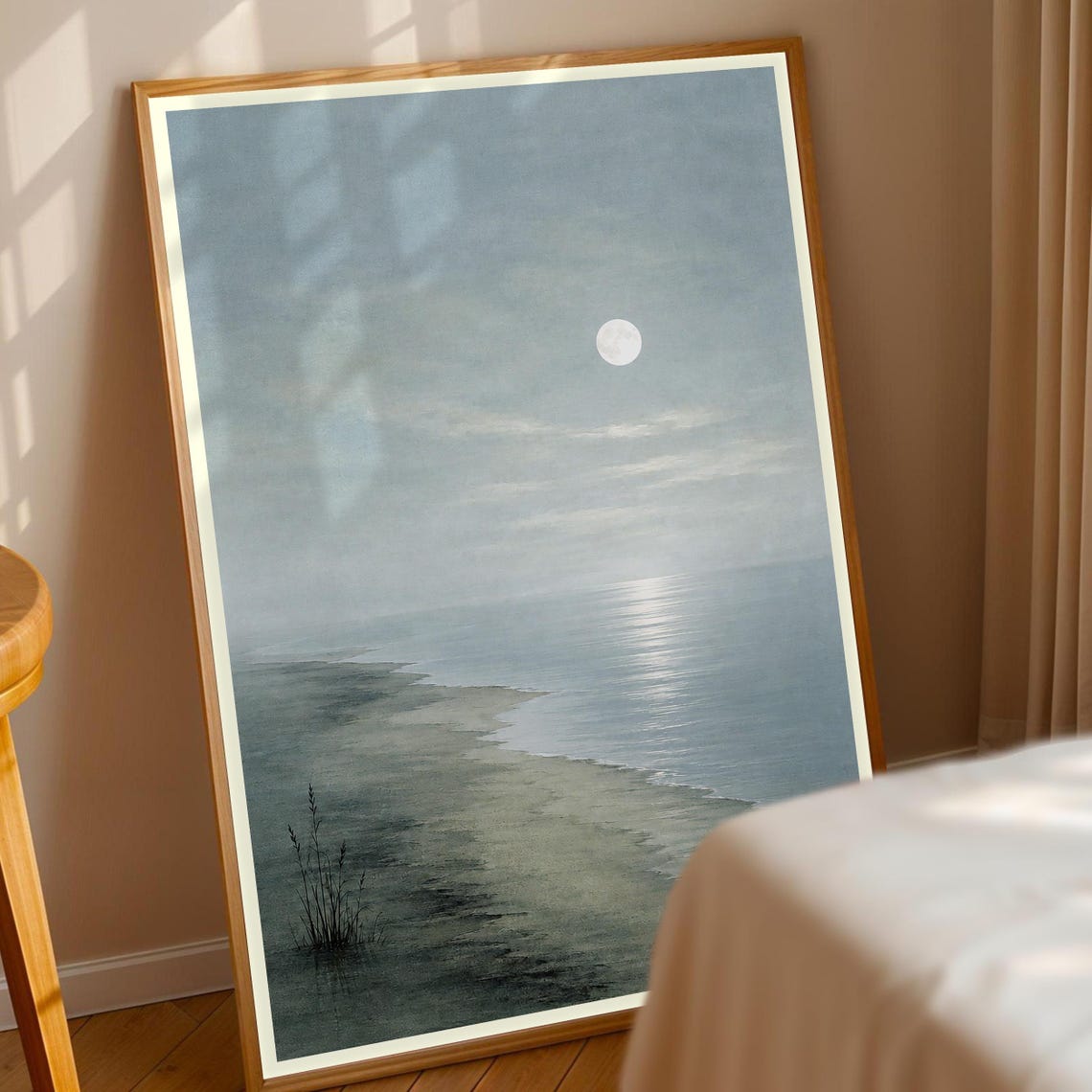 Moonlit Beach Scene Print Coastal Wall Art Ocean Waves Full Moon Decor Serene Seascape