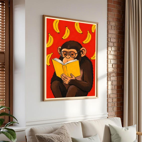 Monkey Reading Book Print Whimsical Animal Wall Art Red Banana Background Quirky Kids Room Decor