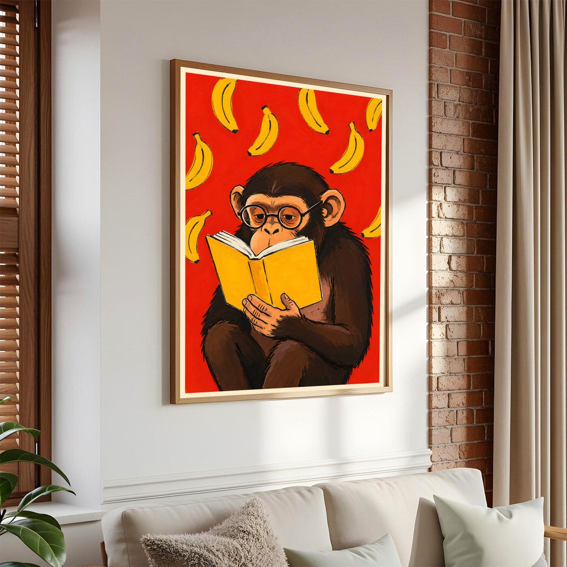 Cute Monkey With Glasses Reading Book Red Background Banana Poster