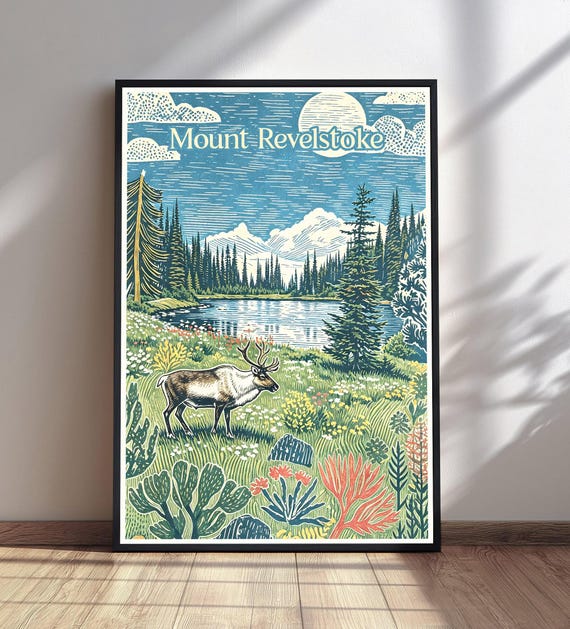 Mount Revelstoke National Park Print Caribou Wildflowers Lake Vintage Travel Poster Nature Wall Art