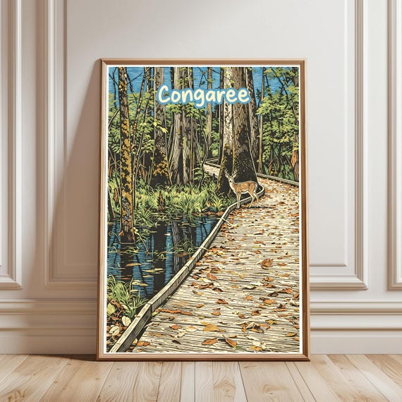 Congaree National Park Print Vintage Travel Poster Deer Swamp Forest Art Wall Decor