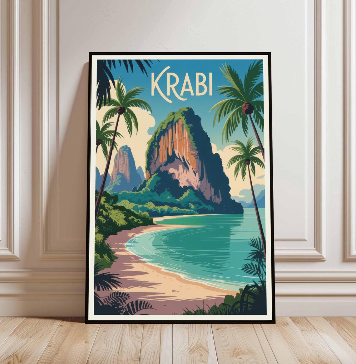 Krabi Thailand Limestone Cliffs Beach Vintage Tropical Travel Poster