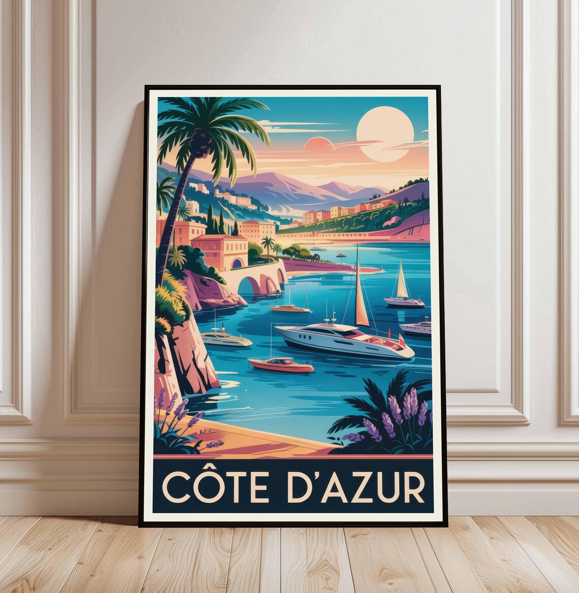 Cote d'Azur French Riviera Sailboat Harbor Sunset Travel Poster