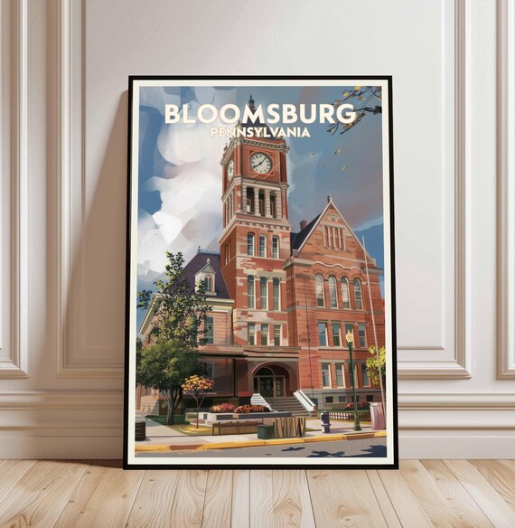 Bloomsburg Pennsylvania Historic Clock Tower Vintage Travel Poster Art