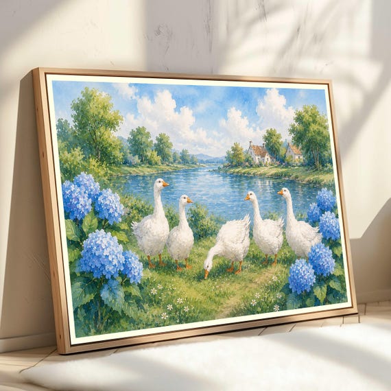 Watercolor Geese River Landscape Print Blue Hydrangea Painting Farmhouse Wall Art Nature Home Decor