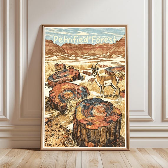 Petrified Forest National Park Print Vintage Travel Poster Arizona Desert Wall Art Pronghorn Antelope Decor
