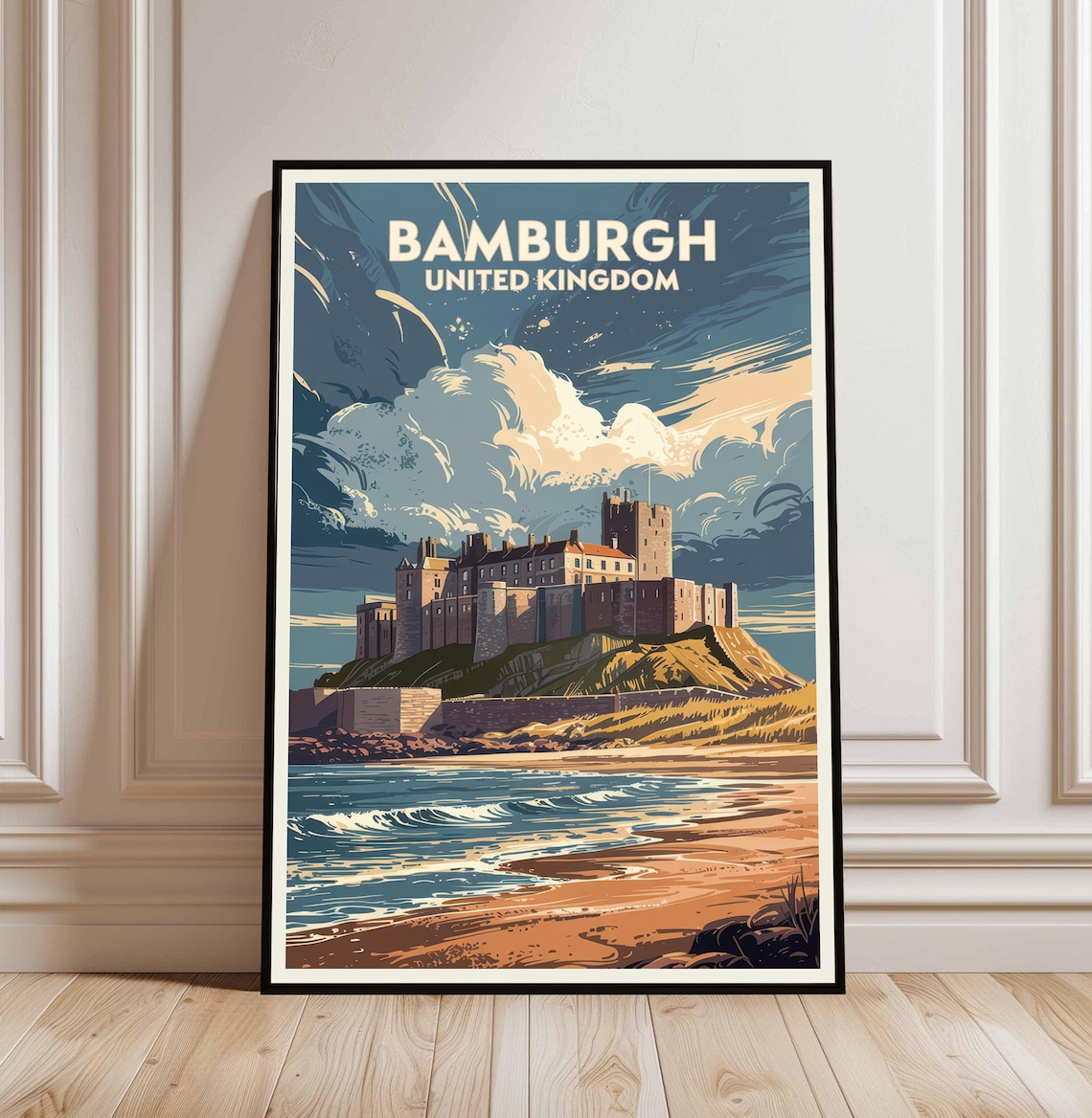 Bamburgh United Kingdom Castle Sunset Coastal Travel Poster Art