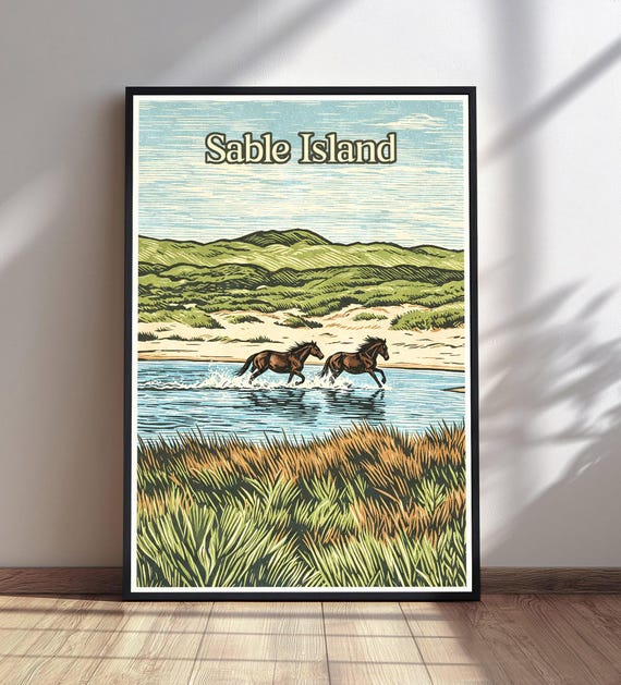 Sable Island Travel Poster Wild Horses Wall Art Vintage Nature Print Canada Decor
