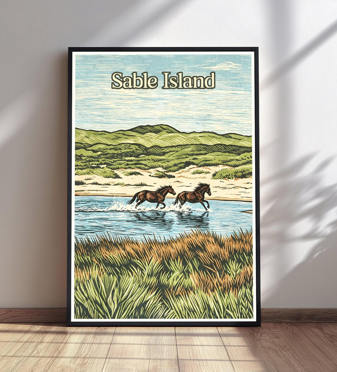 Sable Island Wild Horses Running Through Water Vintage Travel Poster