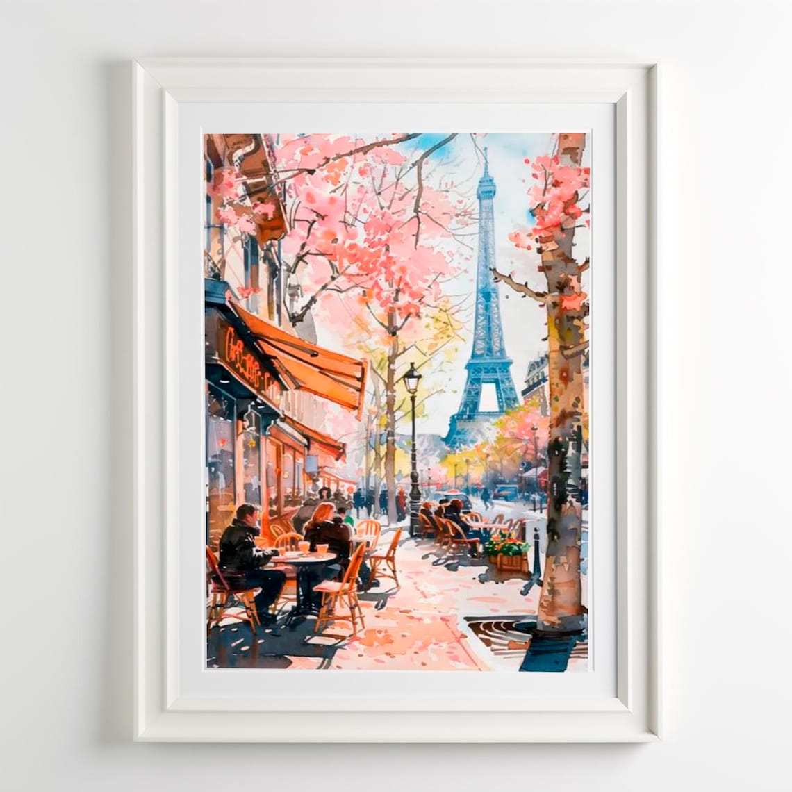 Paris Eiffel Tower Cafe Blossom Street Watercolor France Art Poster