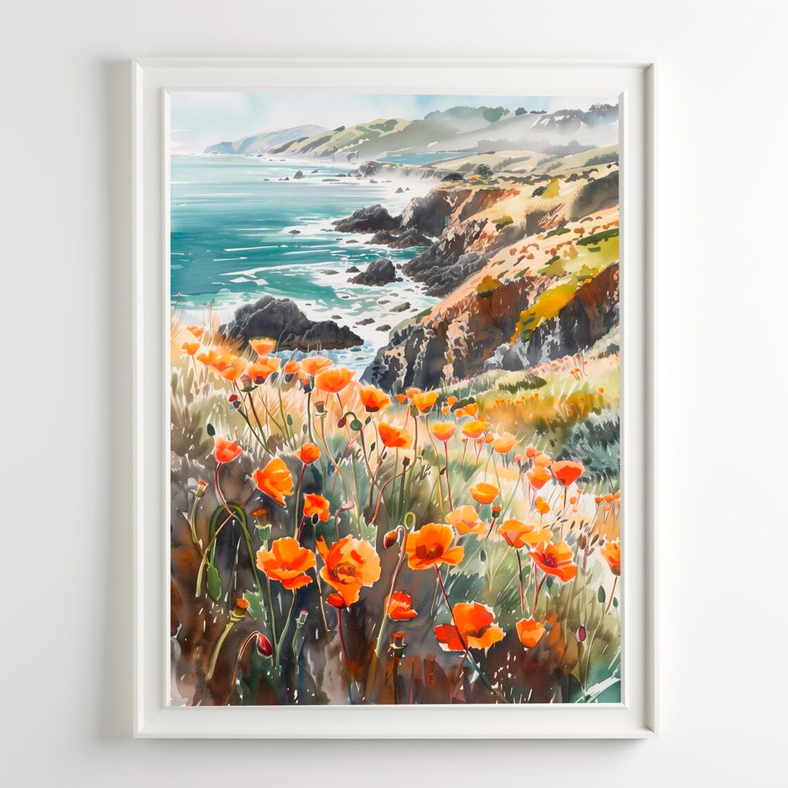 Big Sur Watercolor Art Print, Coastal Landscape