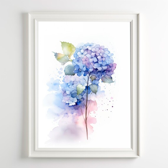 Blue Hydrangea Watercolor Botanical Floral Minimalist Wall Art
