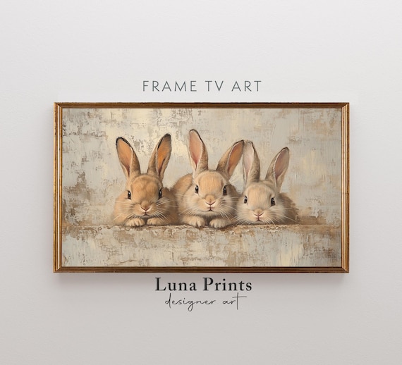 Three Bunnies Peeking Rustic Vintage Rabbit Painting Frame TV Poster