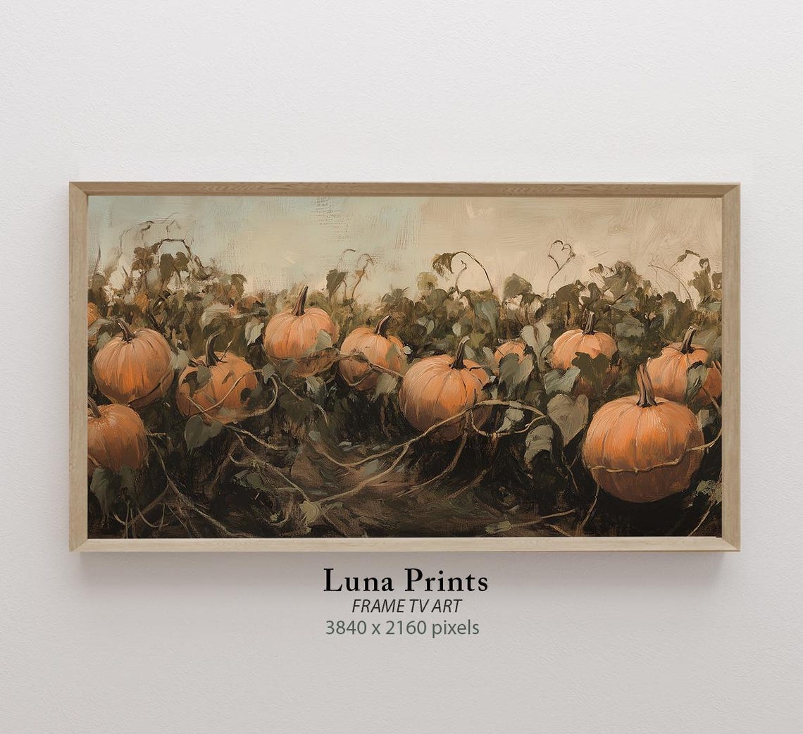 Pumpkin Patch on the Vine Fall Harvest Landscape Painting Wall Art