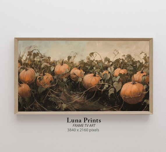 Pumpkin Patch on the Vine Fall Harvest Landscape Painting Wall Art