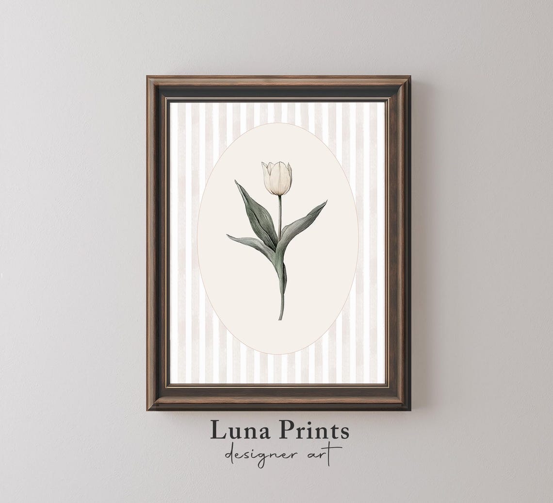 Spring Tulip Drawing, Neutral Vintage Botanical Art Print