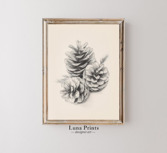 Vintage Autumn Pinecone Art Print, Neutral Decor