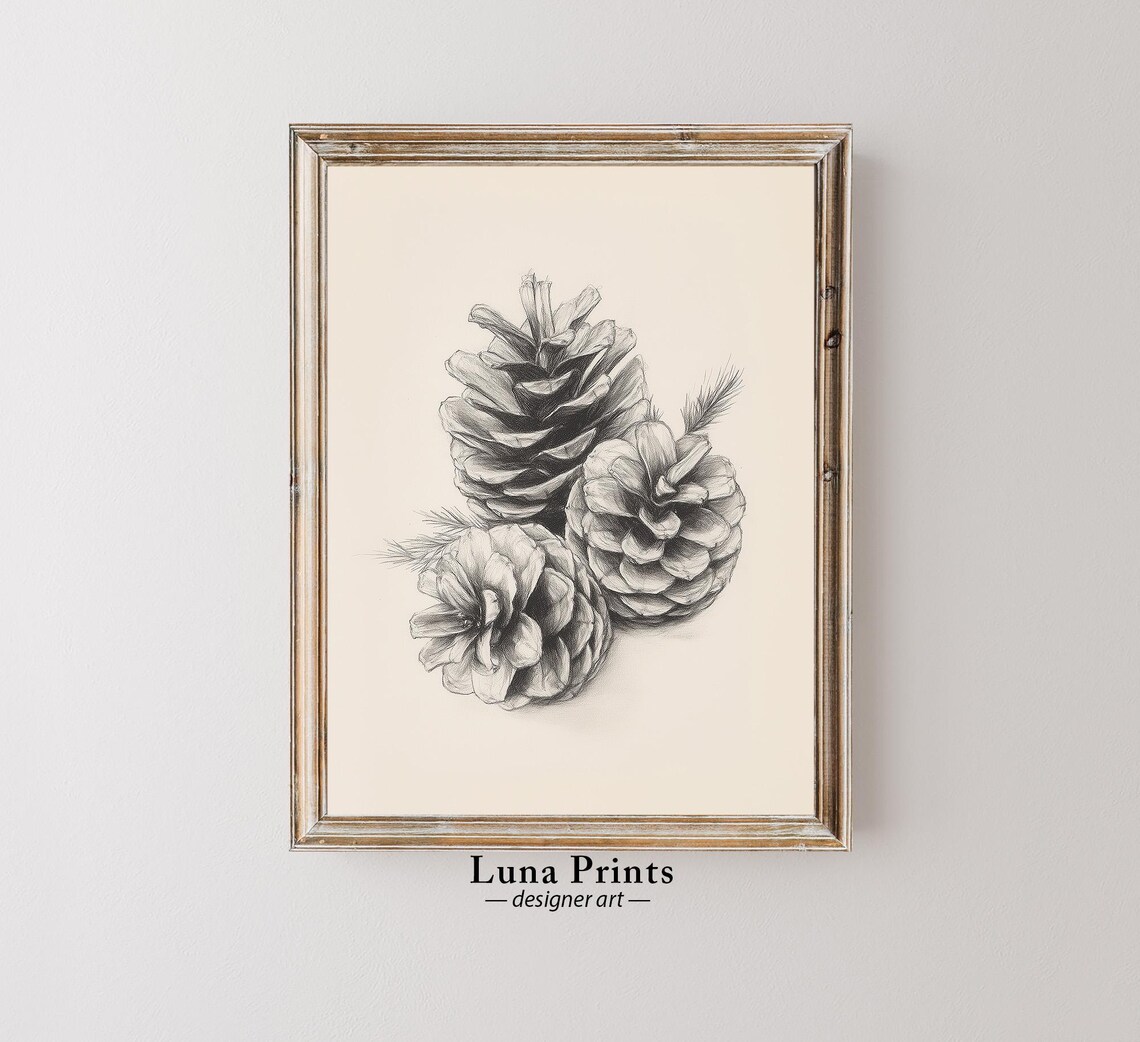 Vintage Autumn Pinecone Art Print, Neutral Decor