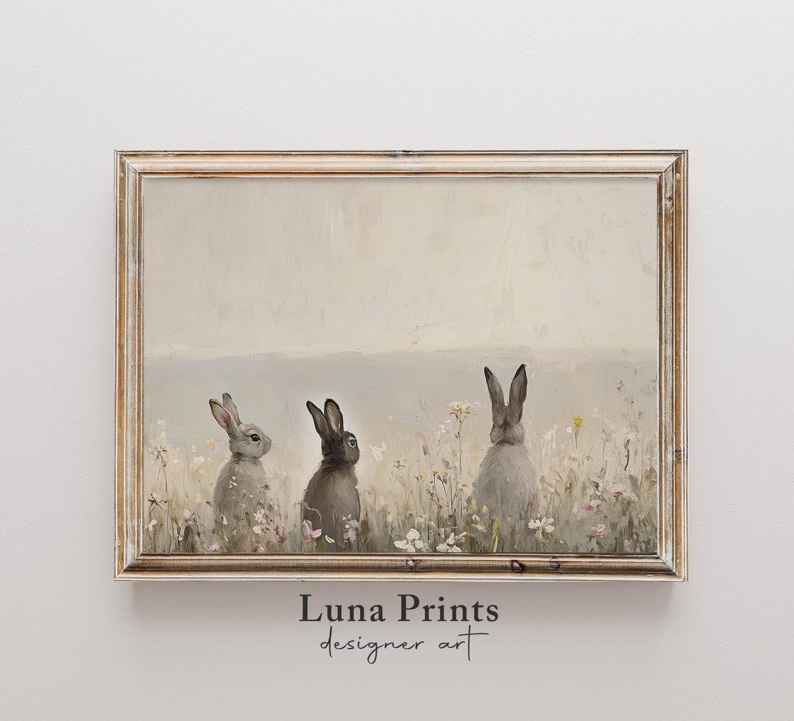Three Rabbits in Spring Meadow Easter Vintage Bunny Painting Poster