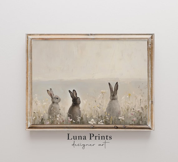 Three Rabbits in Spring Meadow Easter Vintage Bunny Painting Poster