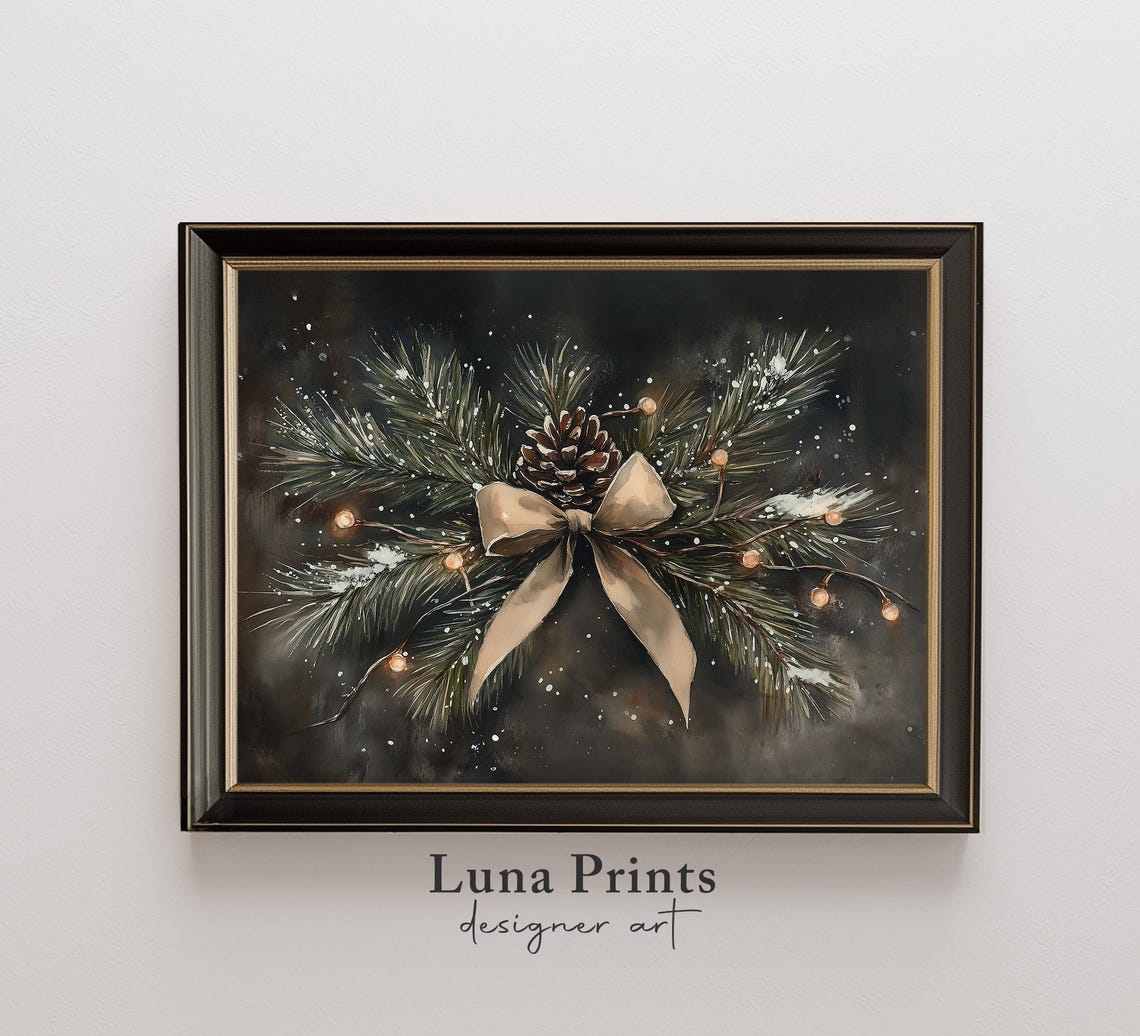 Dark Winter Botanical Christmas Pine Tree Art Print