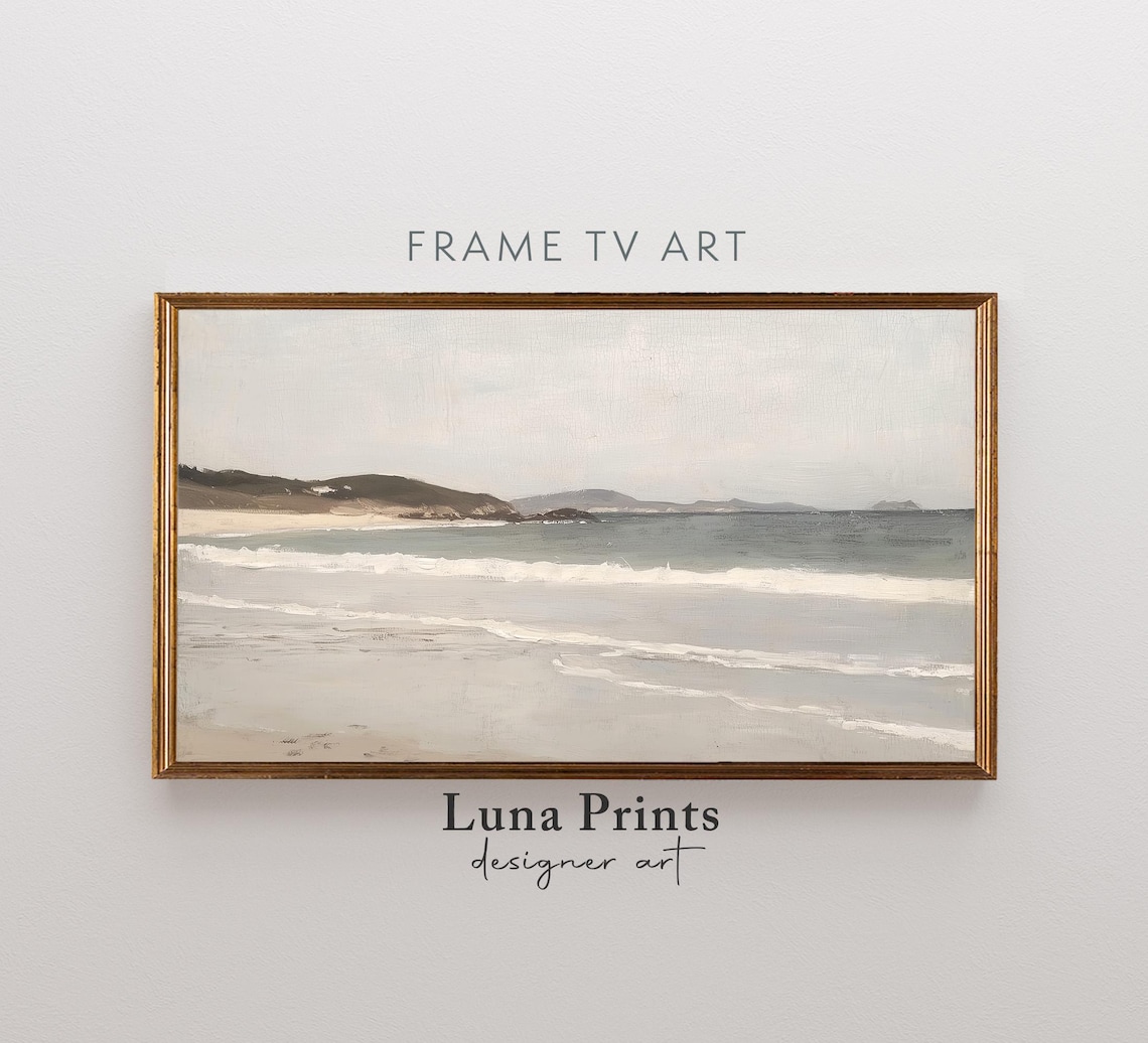 Muted Beach Seascape Neutral Ocean Waves Vintage Coastal Painting Poster