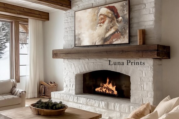 Vintage Santa Claus Portrait in Falling Snow Watercolor Wall Art