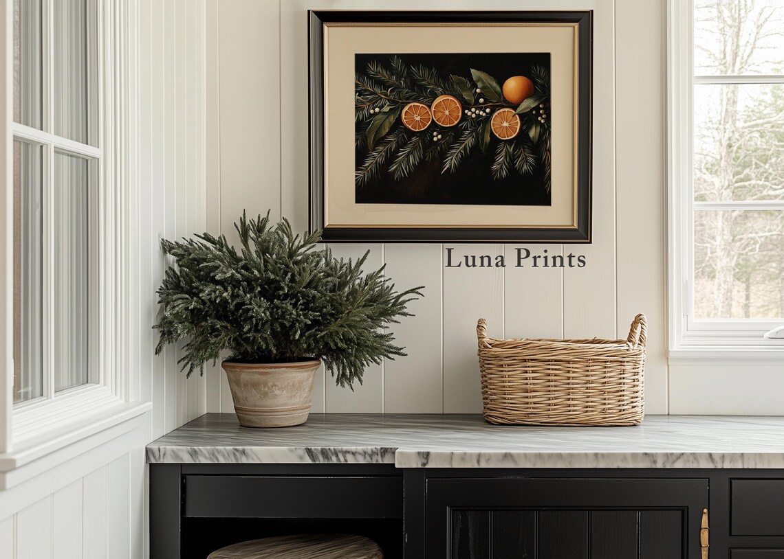 Dried Orange Slices Pine Branches Moody Holiday Still Life Poster