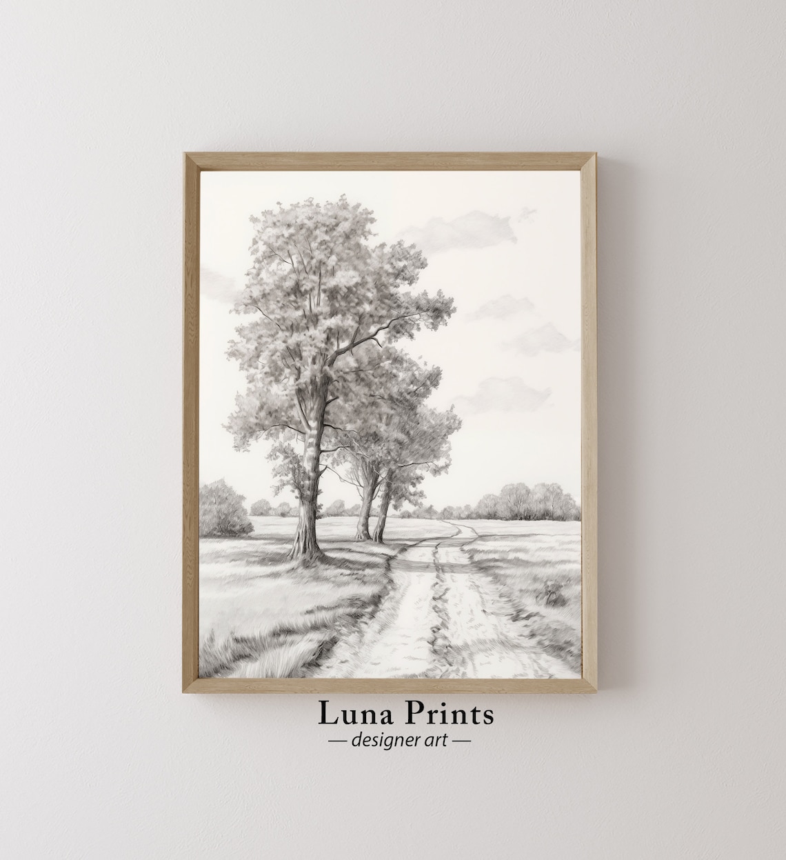 Country Trees Pencil Sketch Drawing Along a Dirt Road Poster