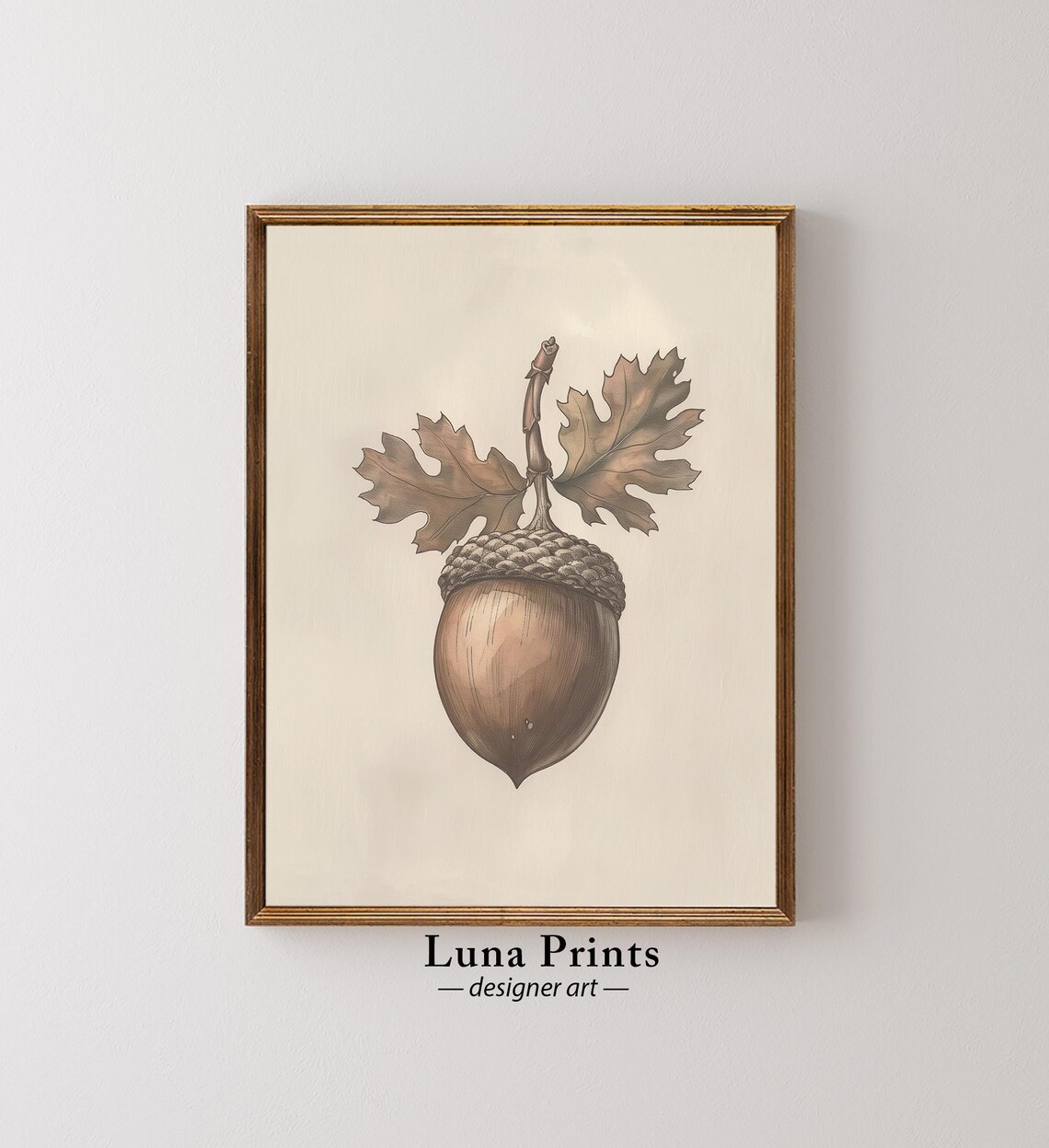 Acorn with Oak Leaves Sepia Vintage Botanical Study Wall Art