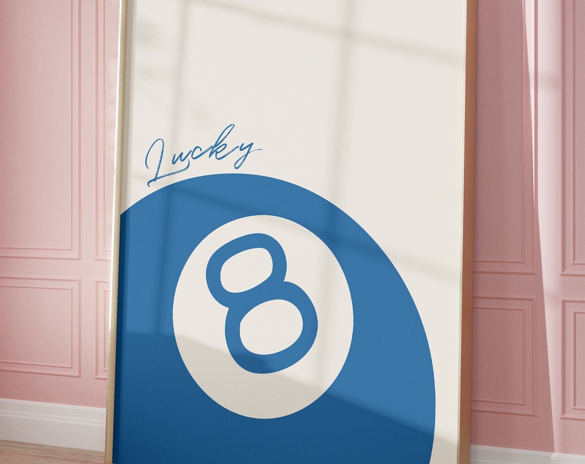 Lucky Script Blue 8 Ball Retro Pool Billiards Vintage Wall Art