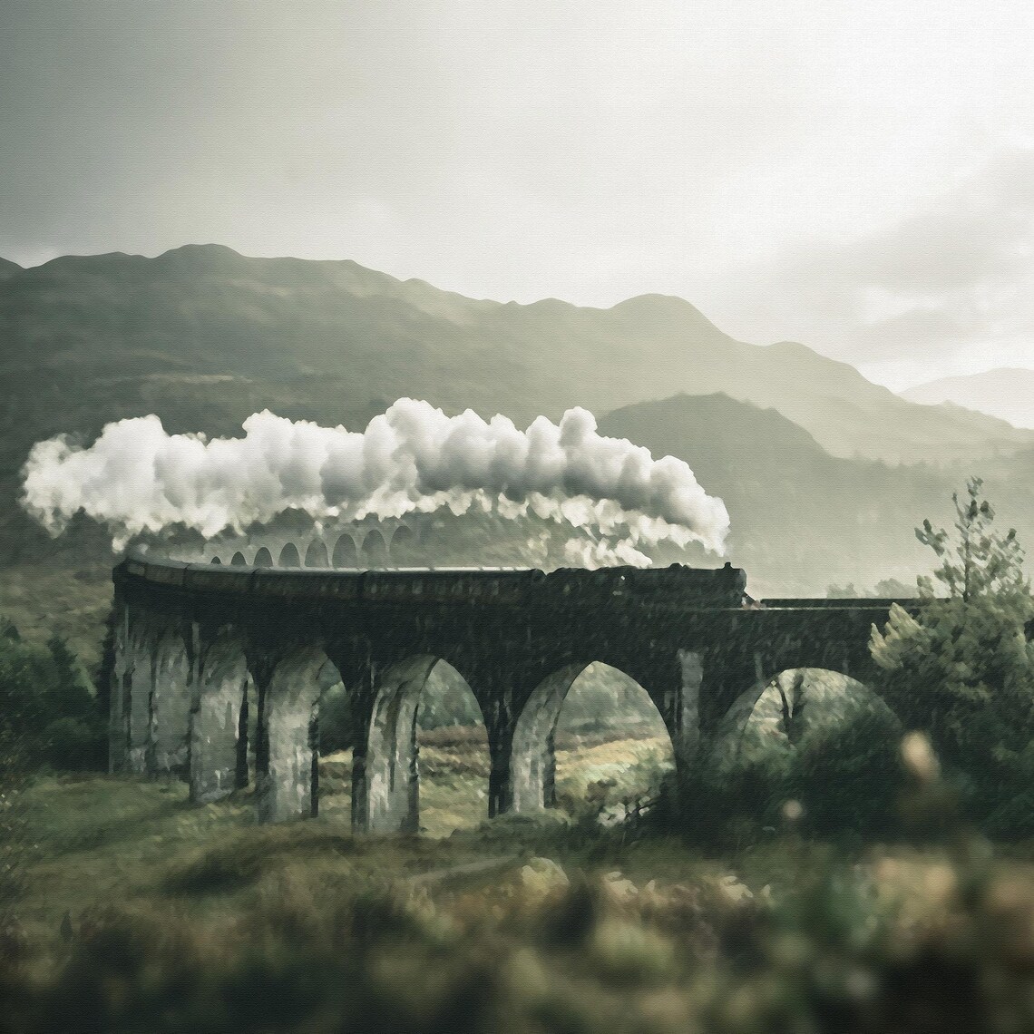 Steam Locomotive Train Painting, Arch Bridge Landscape - Image 3