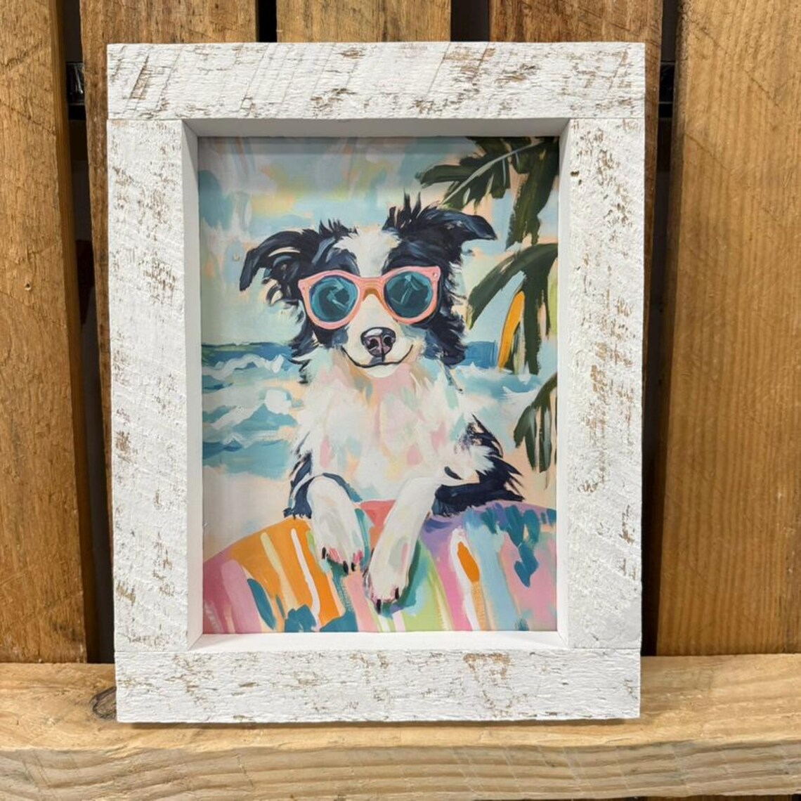 Happy Border Collie Puppy in Sunglasses on a Surfboard Poster