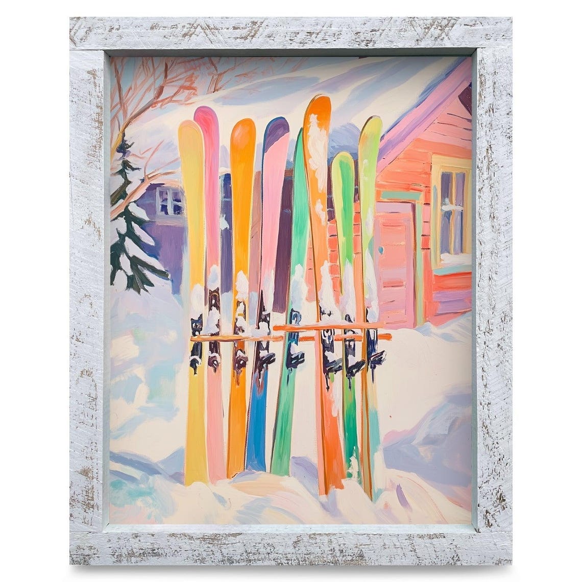 Colorful Ski Lodge Real Wood Framed Wall Art Print