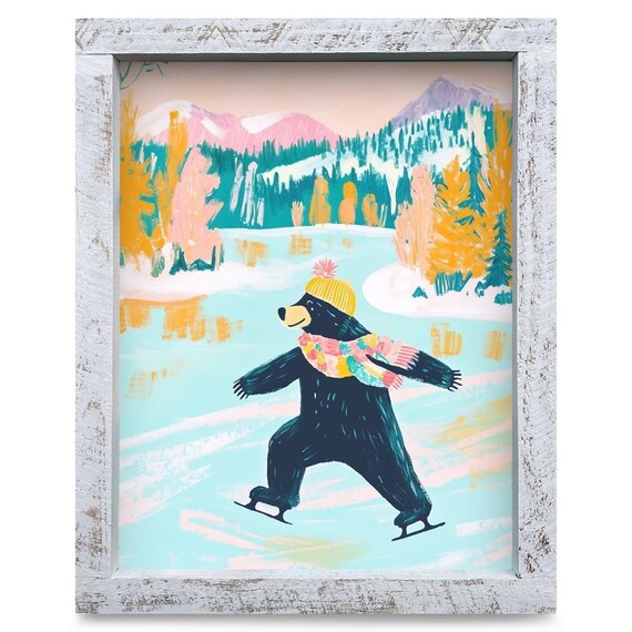 Black Bear Ice Skating On A Frozen Lake Whimsical Fun Poster