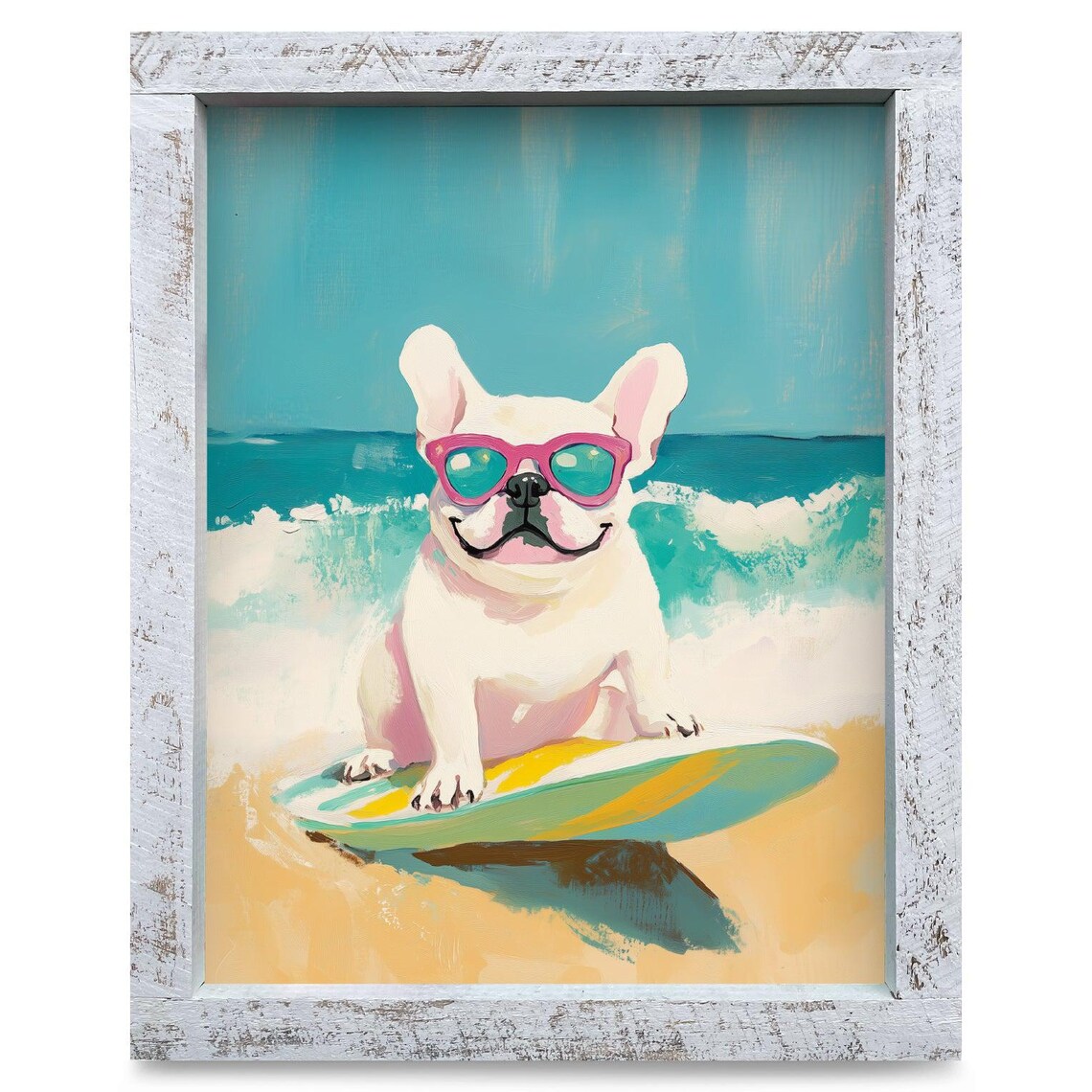 White French Bulldog Puppy on a Surfboard at the Beach Poster