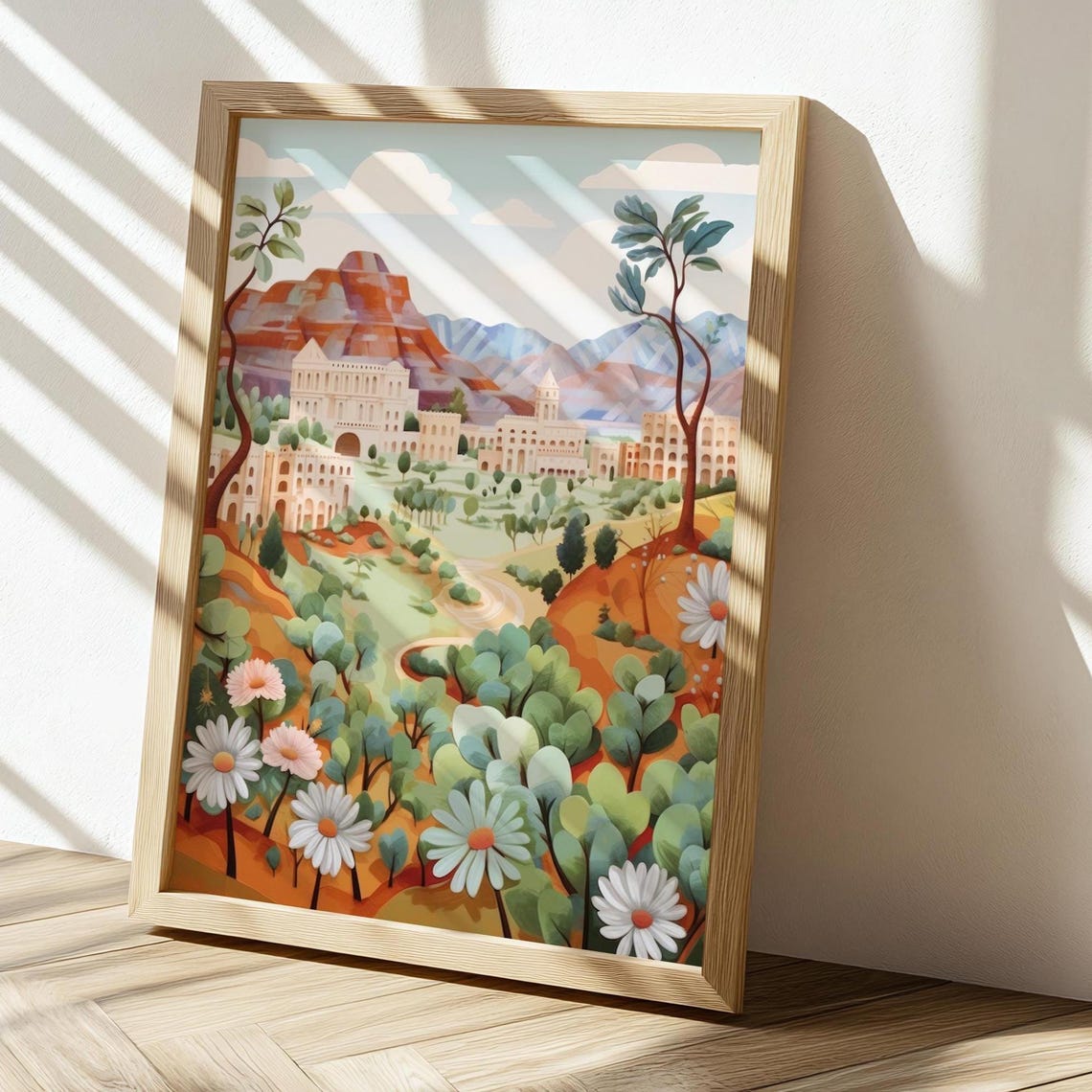Charming Old Town Valley Illustration With Wildflowers Art Print