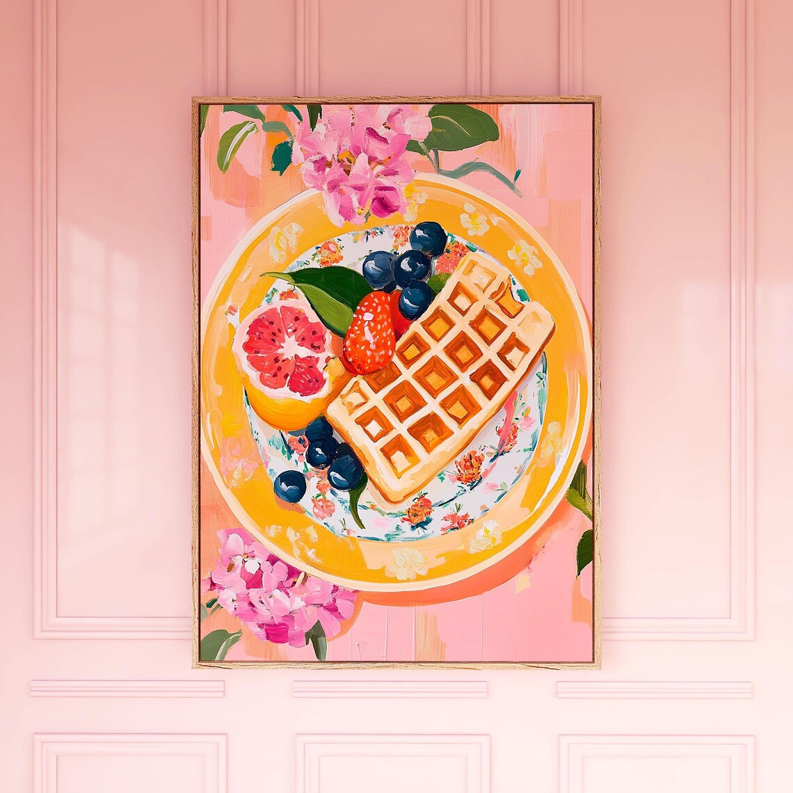 Breakfast Waffle Painting Berries Floral Plate Pink Kitchen Wall Poster