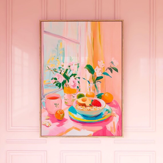 Colorful Breakfast Still Life with Oats Tea Flowers Art Poster