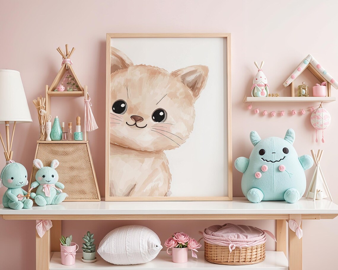 Adorable Cute Watercolor Kitten Nursery Wall Art Big Eyes Baby Cat - Image 5