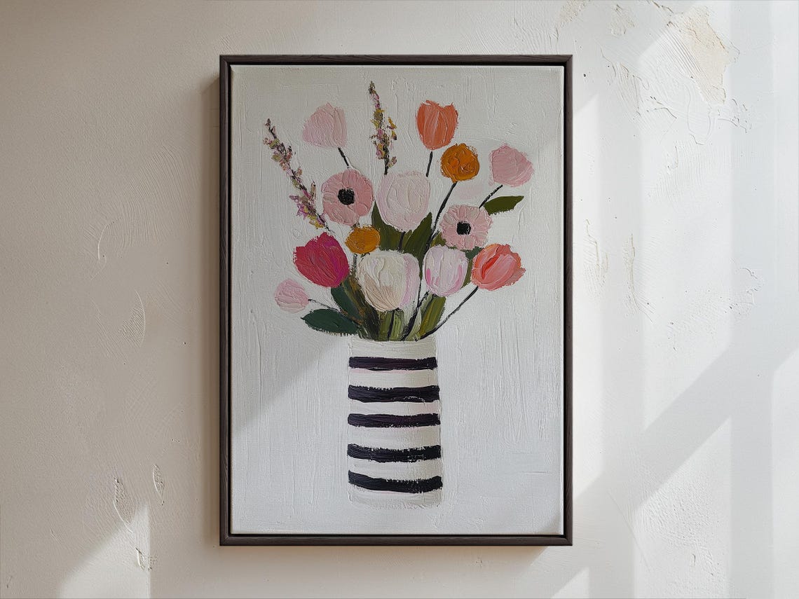 Cheerful Wildflower Bouquet Striped Vase Modern Floral Wall Art - Image 5