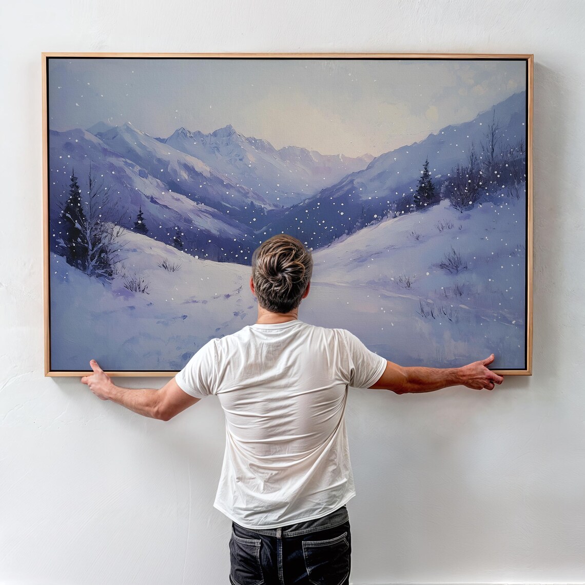 Snowy Mountain Valley at Dusk With Gently Falling Snow Poster