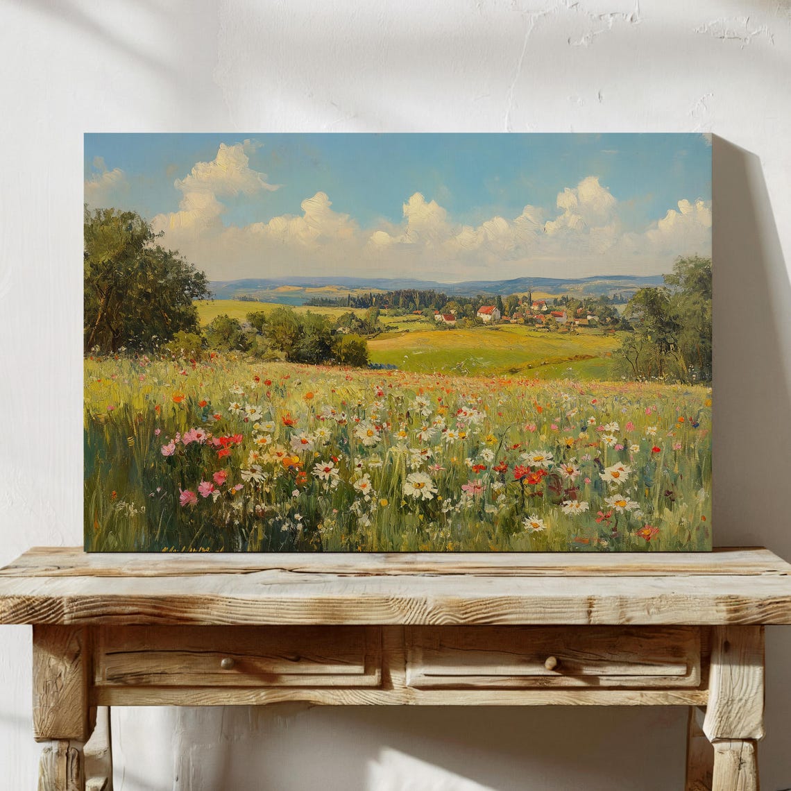 Vintage Wildflower Meadow Overlooking a Distant Village Poster - Image 4